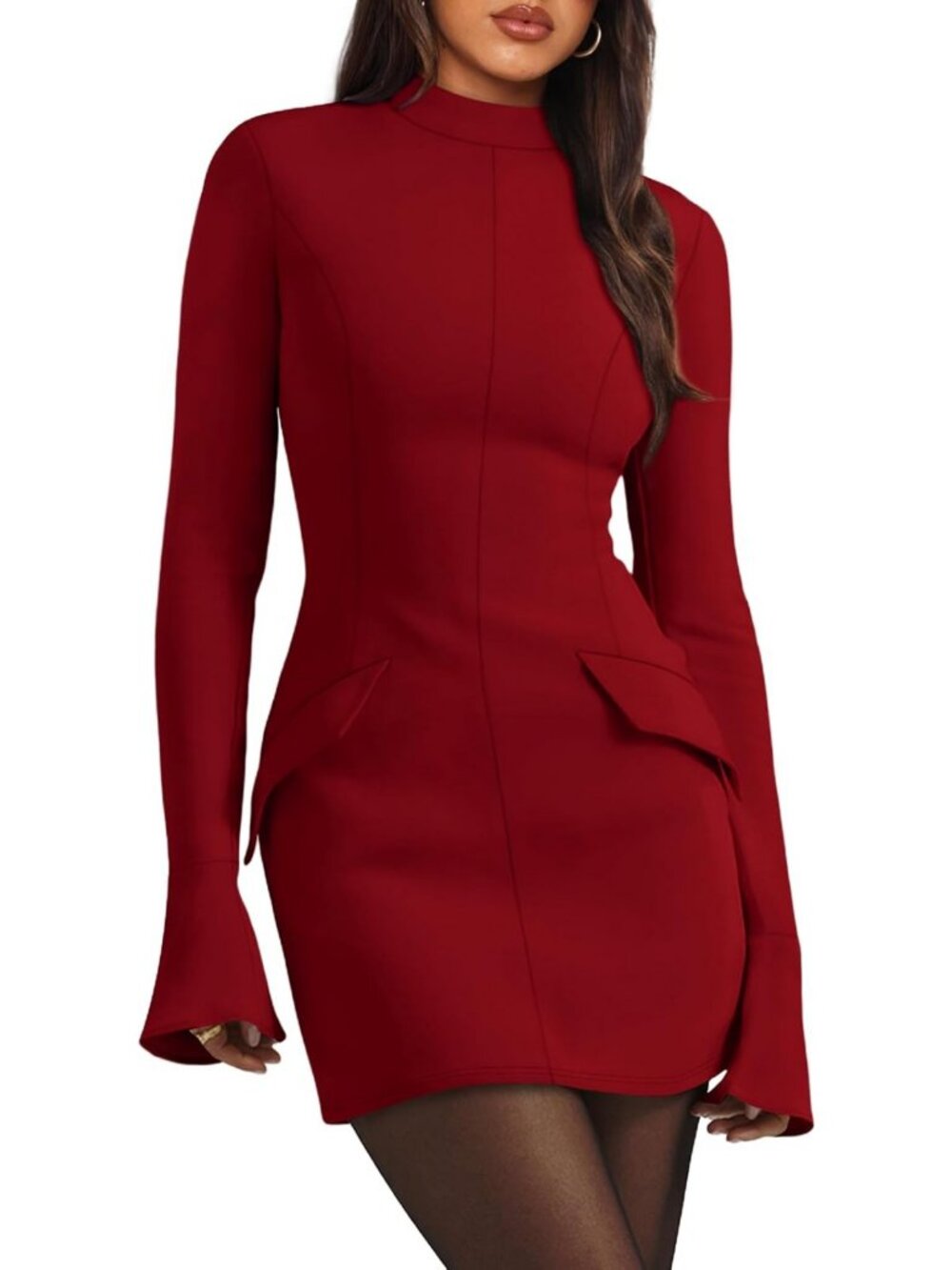 Chic Women's Fall Long Sleeve Mock Neck Bodycon Mini Dress for Party & Club